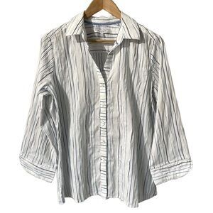 Foxcroft Coastal Button Down Shirt Womens 12 White Blue Stripe Textured GUC